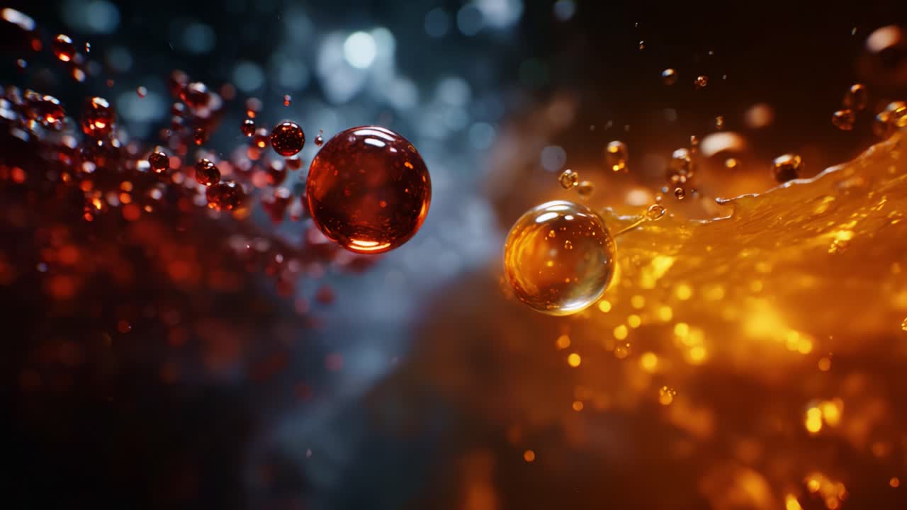 A Stunning Display of Colorful Liquids: Captivating Orbs Interacting in Vibrant Hues of Amber, Red, and Blue with Unique Light Reflections and Textures