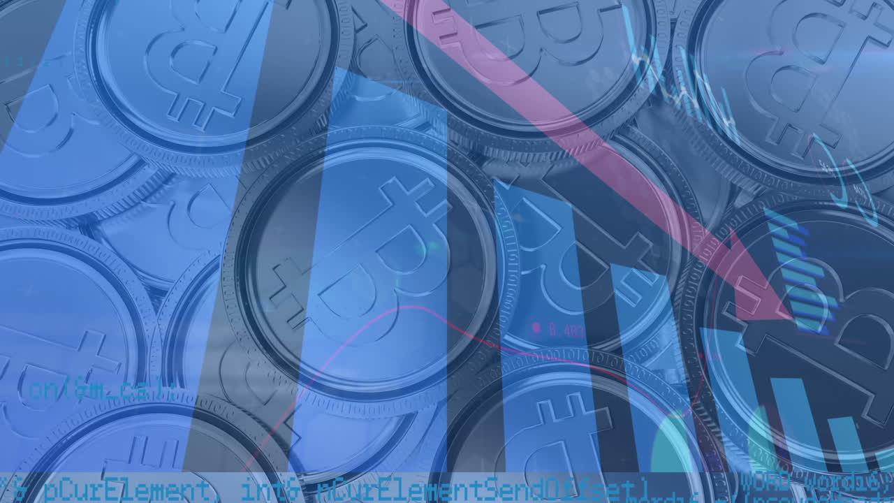 Animation of financial data processing with red arrow descending over bitcoins