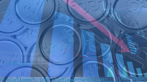 animación del procesamiento de datos financieros con flecha roja que desciende sobre los bitcoins