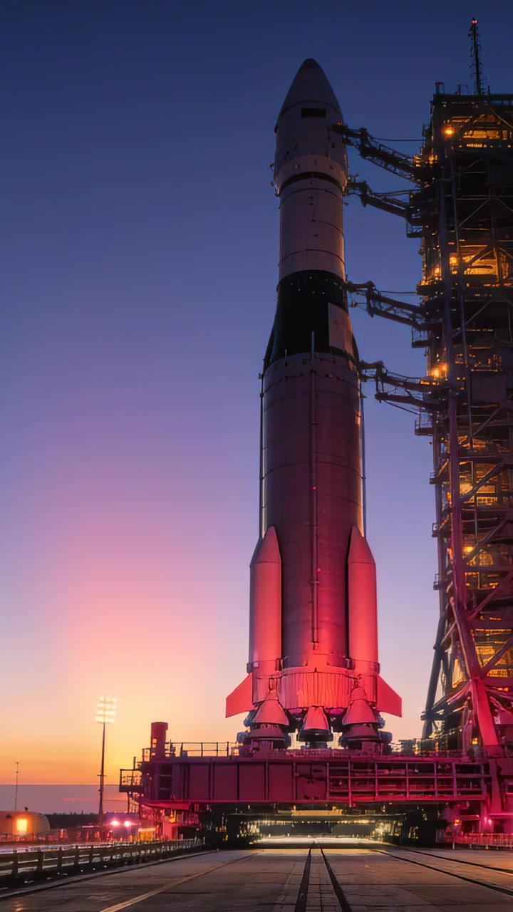 Vertical video: Shifting lights cueing platform moving rocket toward tower at coastal pad prelaunch