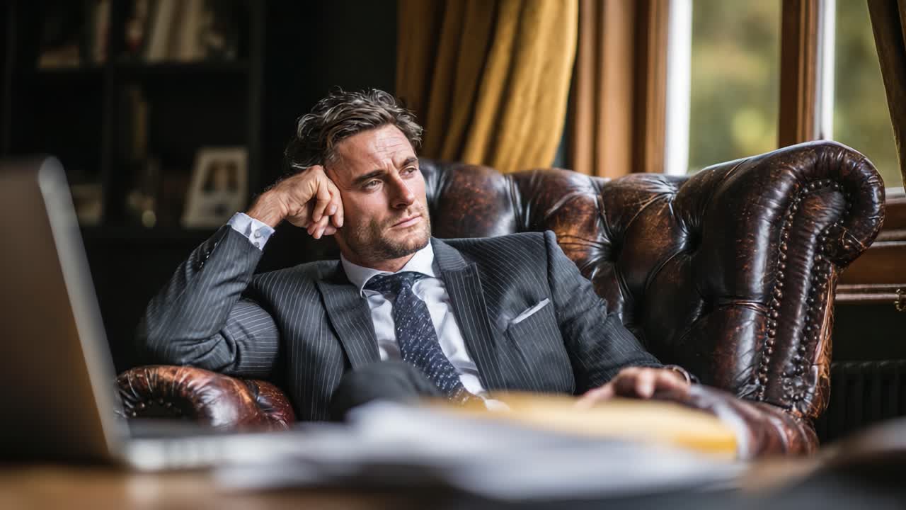 A Reflective Moment: A Man in a Tailored Suit Contemplates in a Luxurious Leather Chair, Captured in an Intimate Office Setting