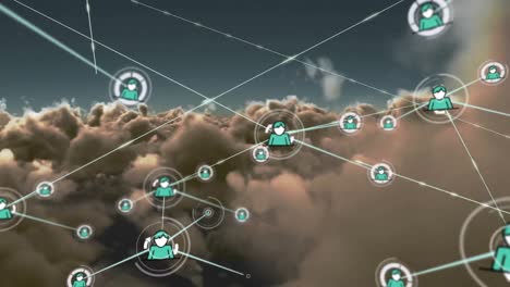 Animation-of-networks-of-connections-with-icons-over-sky