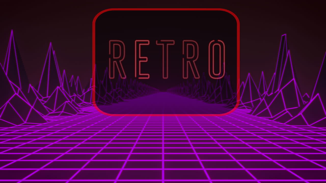 네온 프레임과 보라색 그리드 위에 네온 문자로 움직이는 레트로 텍스트의 애니메이션