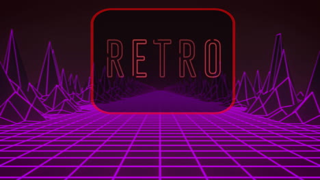 animation of moving retro text in neon letters over neon frame and purple grid