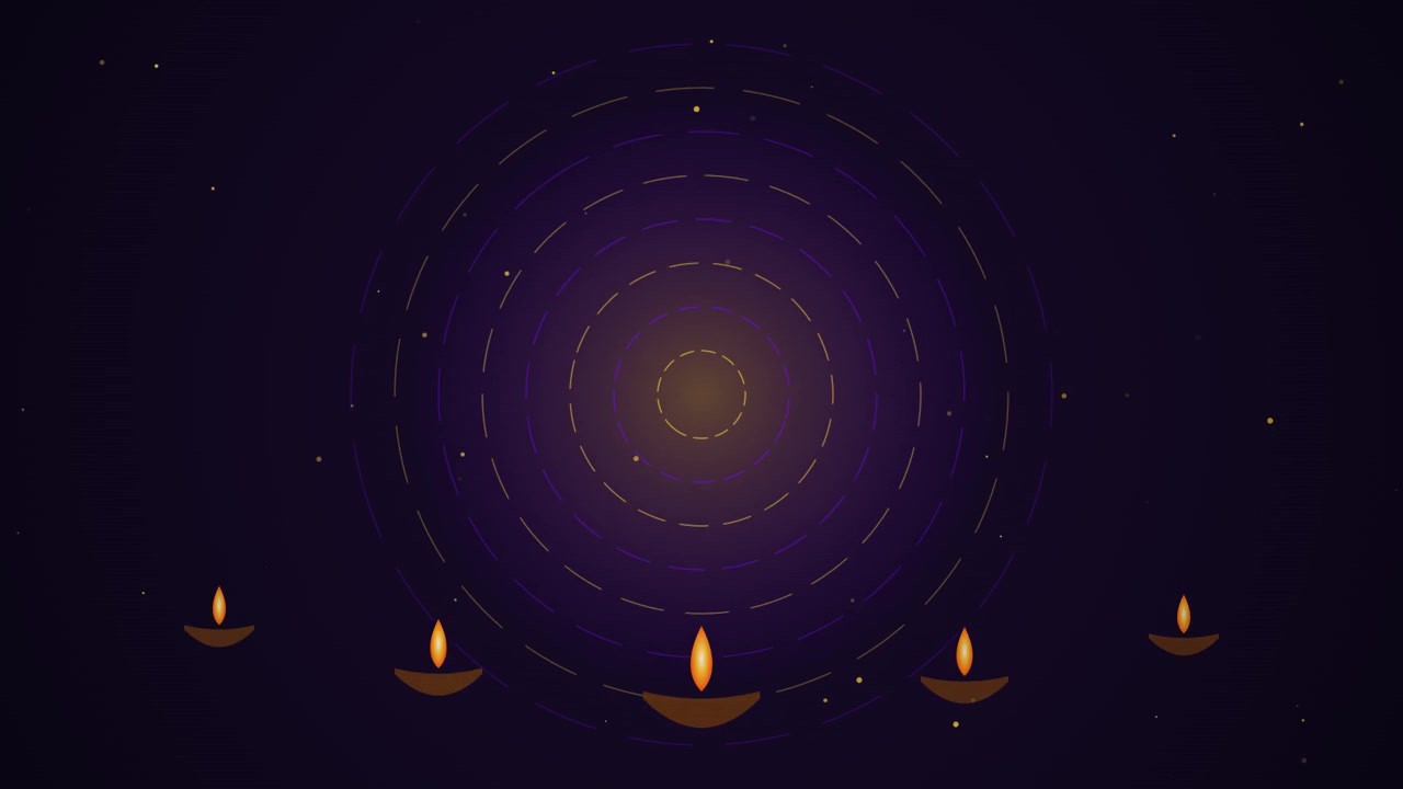 Lampade Diya animate con cerchi concentrici luminosi per la celebrazione del Diwali