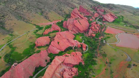 aerial wide shot of red rocks park and amphitheatre on beautiful day