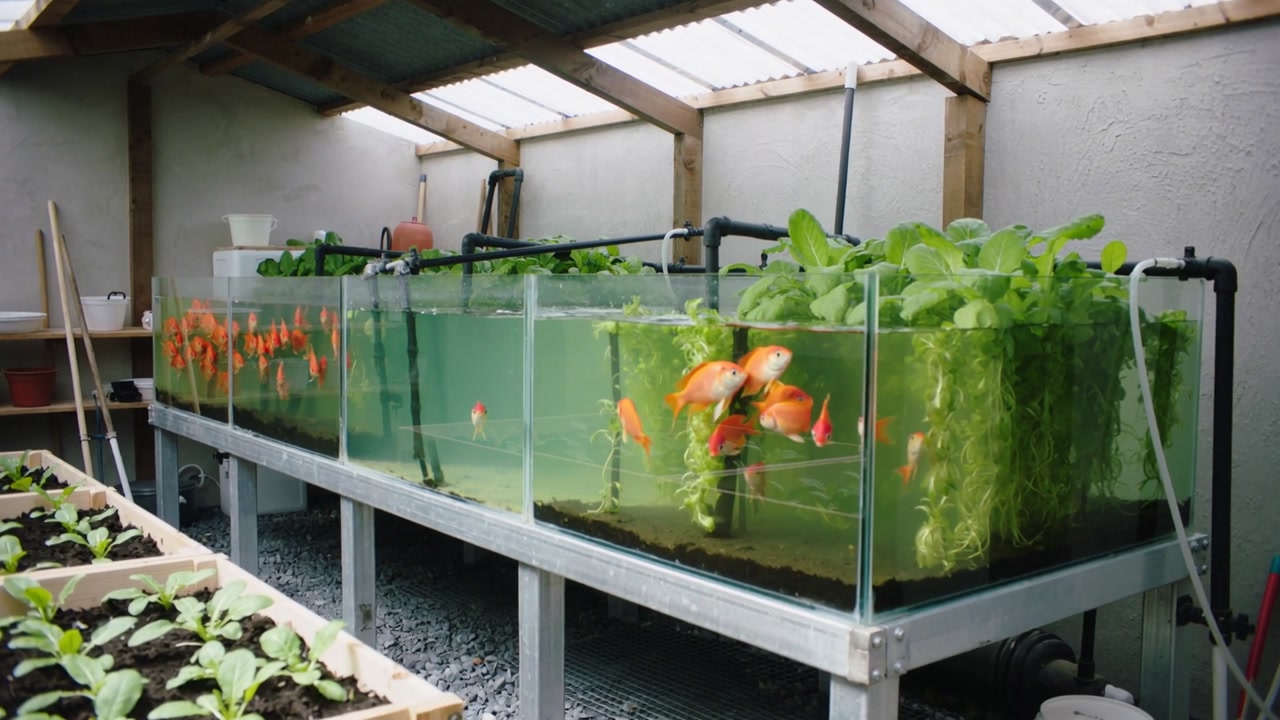 Swimming orange goldfish congregating around planted tank roots in greenhouse with aquaponic tanks