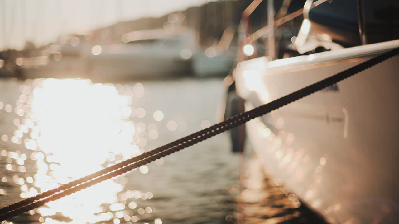 Golden sunlight shimmering on the side of a yacht floating on calm water