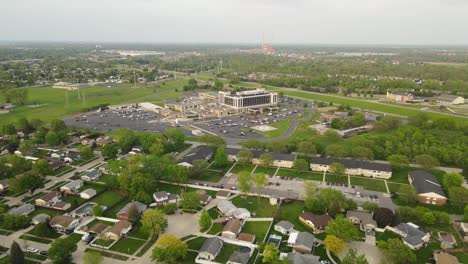 Private-estates-and-Beaumont-hospital-complex-in-distance,-aerial-drone-view