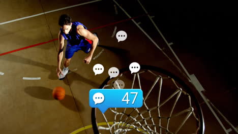 dribbling basketball on court, player surrounded by animation of chat icons