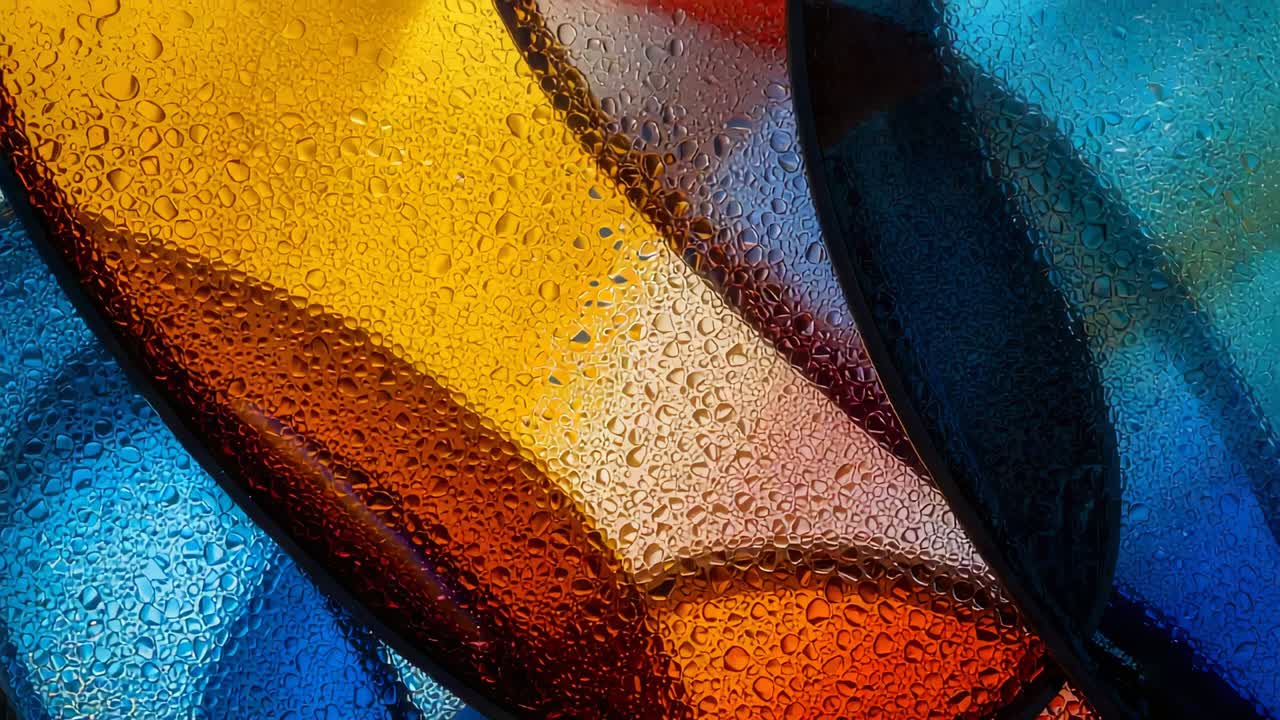 Overlapping curved colored glass panels remaining static in studio, with condensation droplets