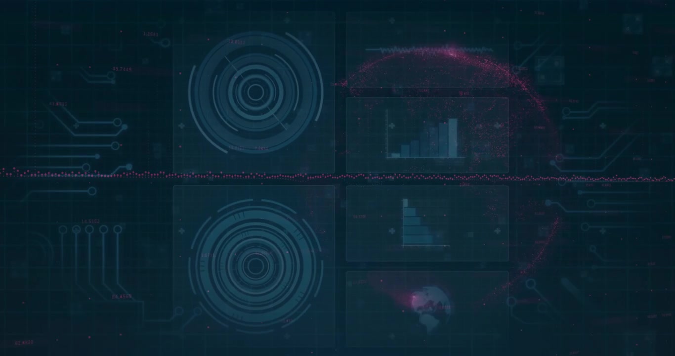 Digital data charts and graphs animation over dark futuristic interface