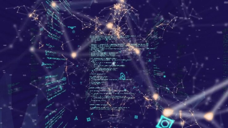 Animation of network of connections over data processing on dark blue background