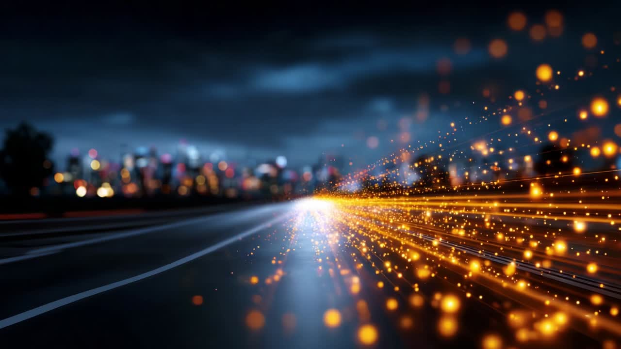 A mesmerizing display of vibrant light trails intertwined with sparkling particles, capturing the dynamic energy of movement on a darkened road against a blurred city backdrop, evoking the essence of speed and urban life