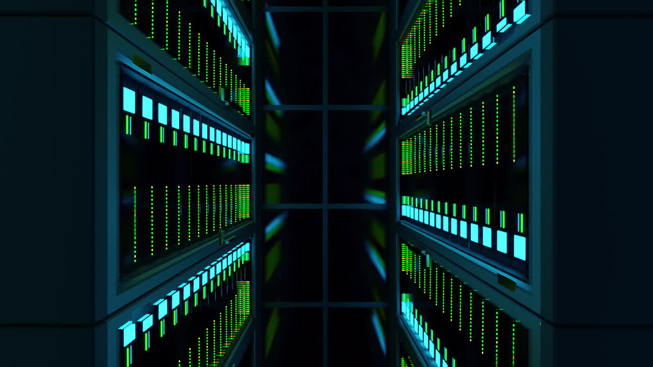 Top Down View of Data Center Computer Servers Storing and Processing Large Amounts of Digital Information. IT Infrastructure Running Apps and Services Online on the Internet. 3D Technology Animation