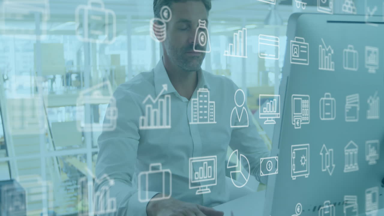 animación de iconos, hombre caucásico trabajando en la computadora y uniendo las manos mientras respira profundamente