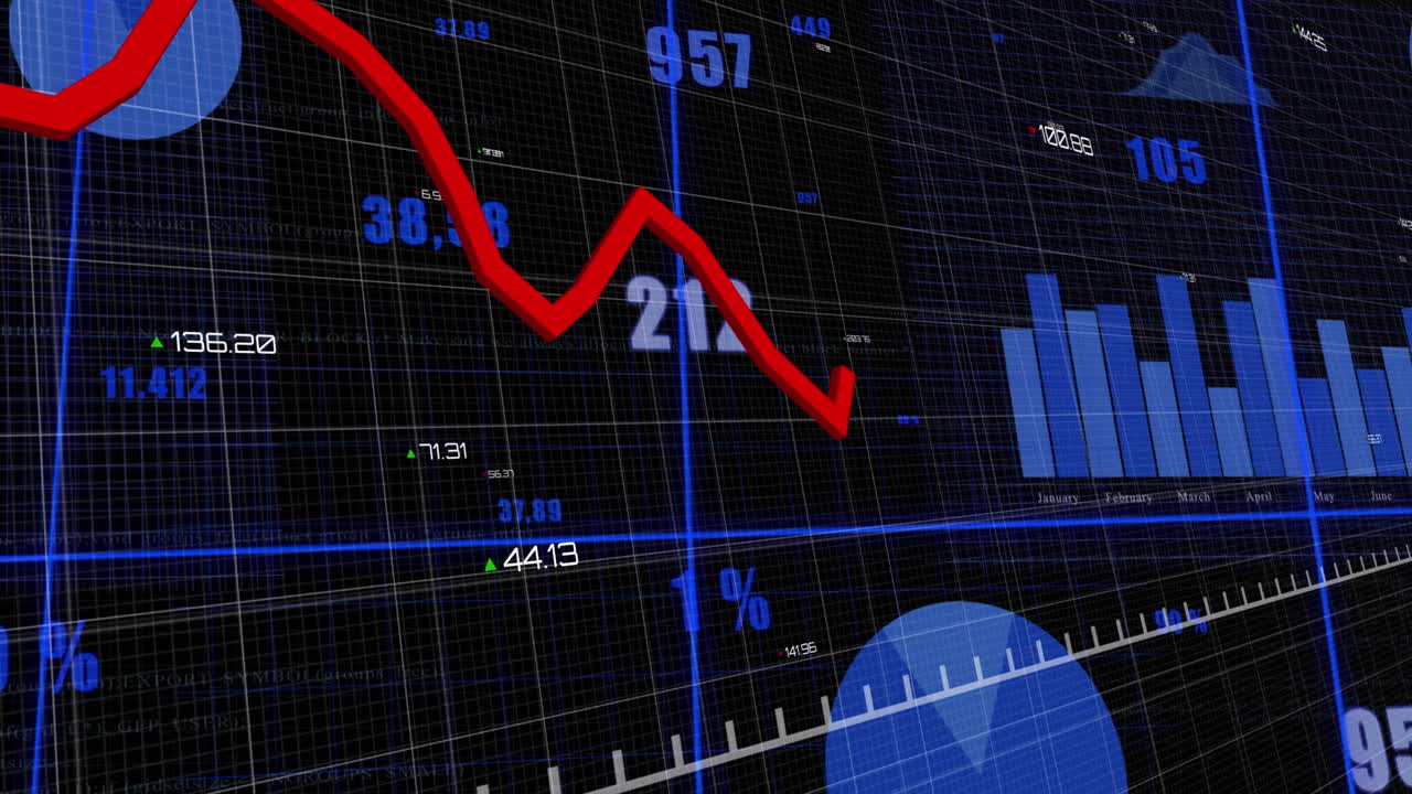 Animation of financial data processing over black background