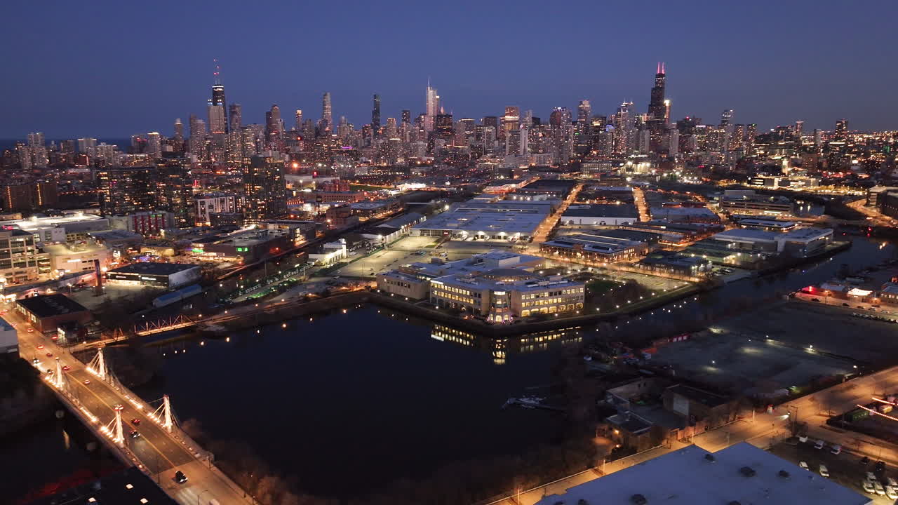 Establishing shot of Chicago at night
