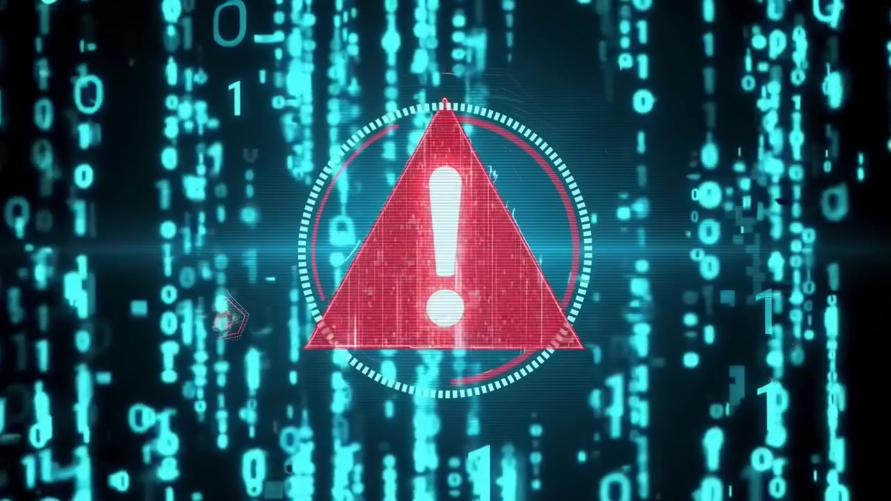 Cyber Security Alert with Exclamation Mark and Falling Binary Code
