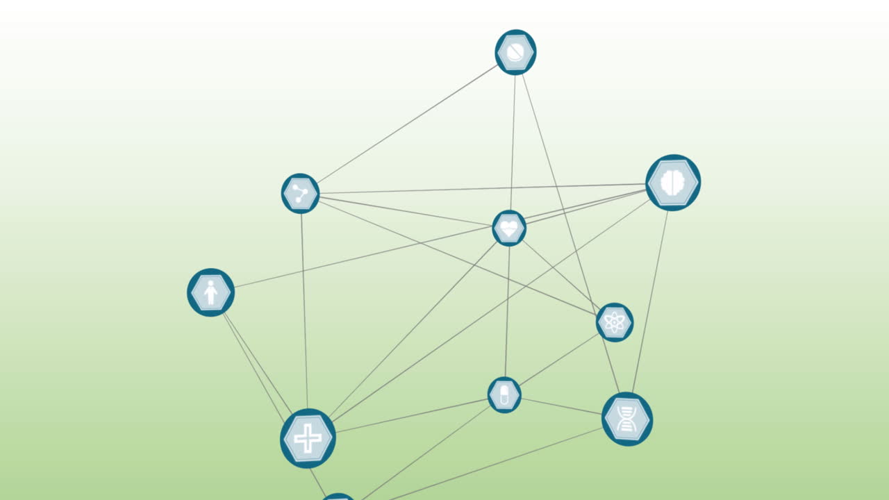 animación de una red de iconos digitales contra un fondo de gradiente verde