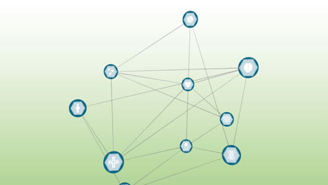 animation of network of digital icons against green gradient background