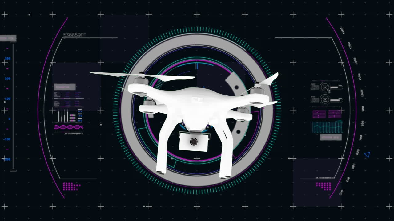 Animation of drone over scope scanning and data processing on purple background