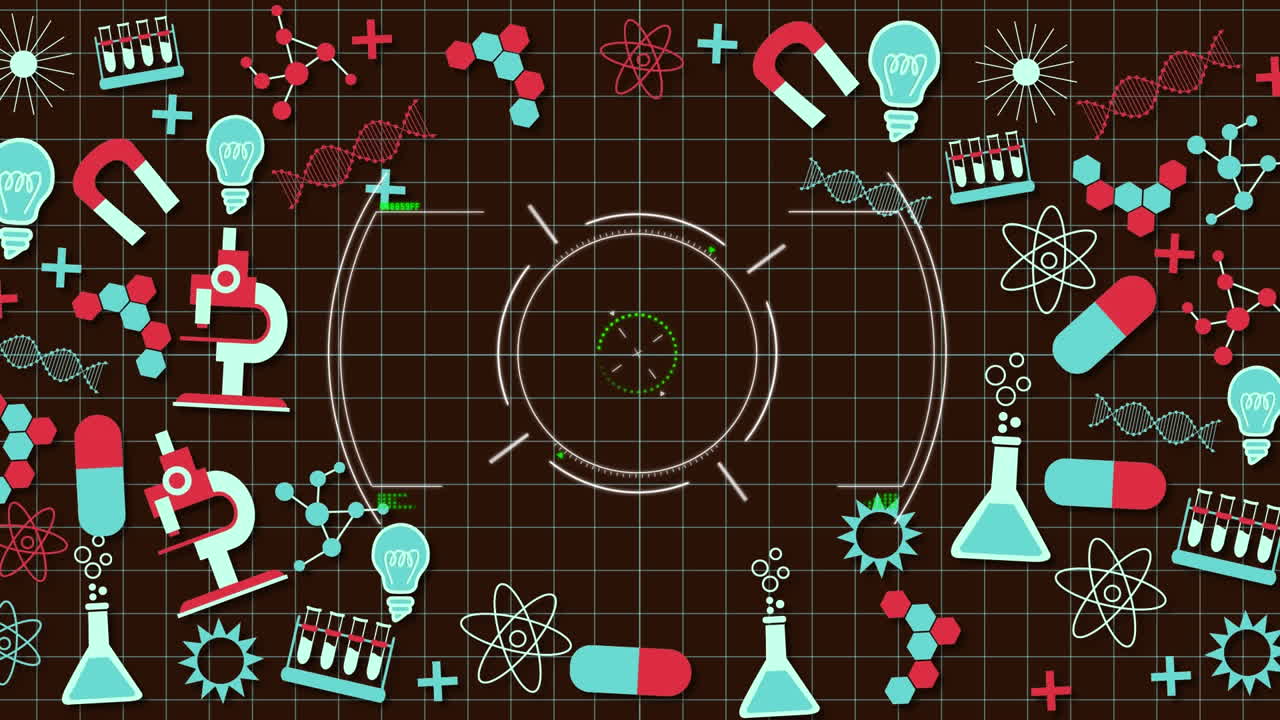 검은 바탕에 움직이는 여러 과학 개념 아이콘을 스캔하는 범위