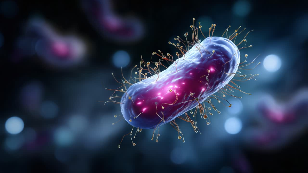 Magnified Image of a Bacterium with Flagella and Vivid Coloration, Showcasing Its Complex Structure and Cellular Features Under Microbial Observation