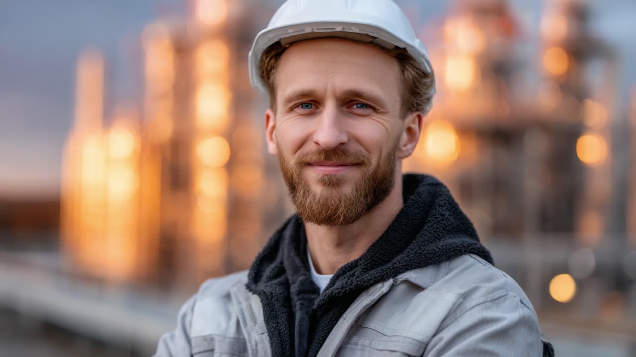 Confident Construction Worker Smiling on Site During Golden Hour, Showcasing Safety Gear and Professional Attitude in a Vibrant Industry Environment