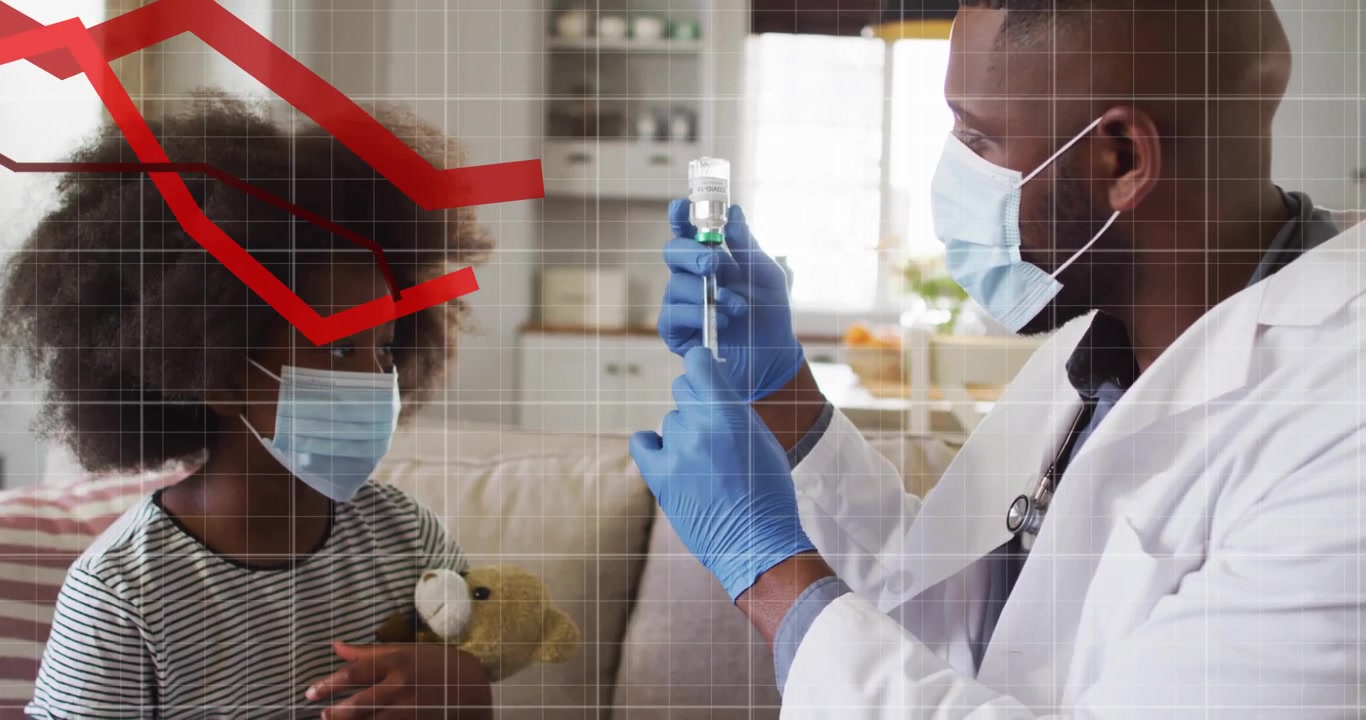 Doctor drawing vaccine while grid animating red graphs showing health trends while girl watching