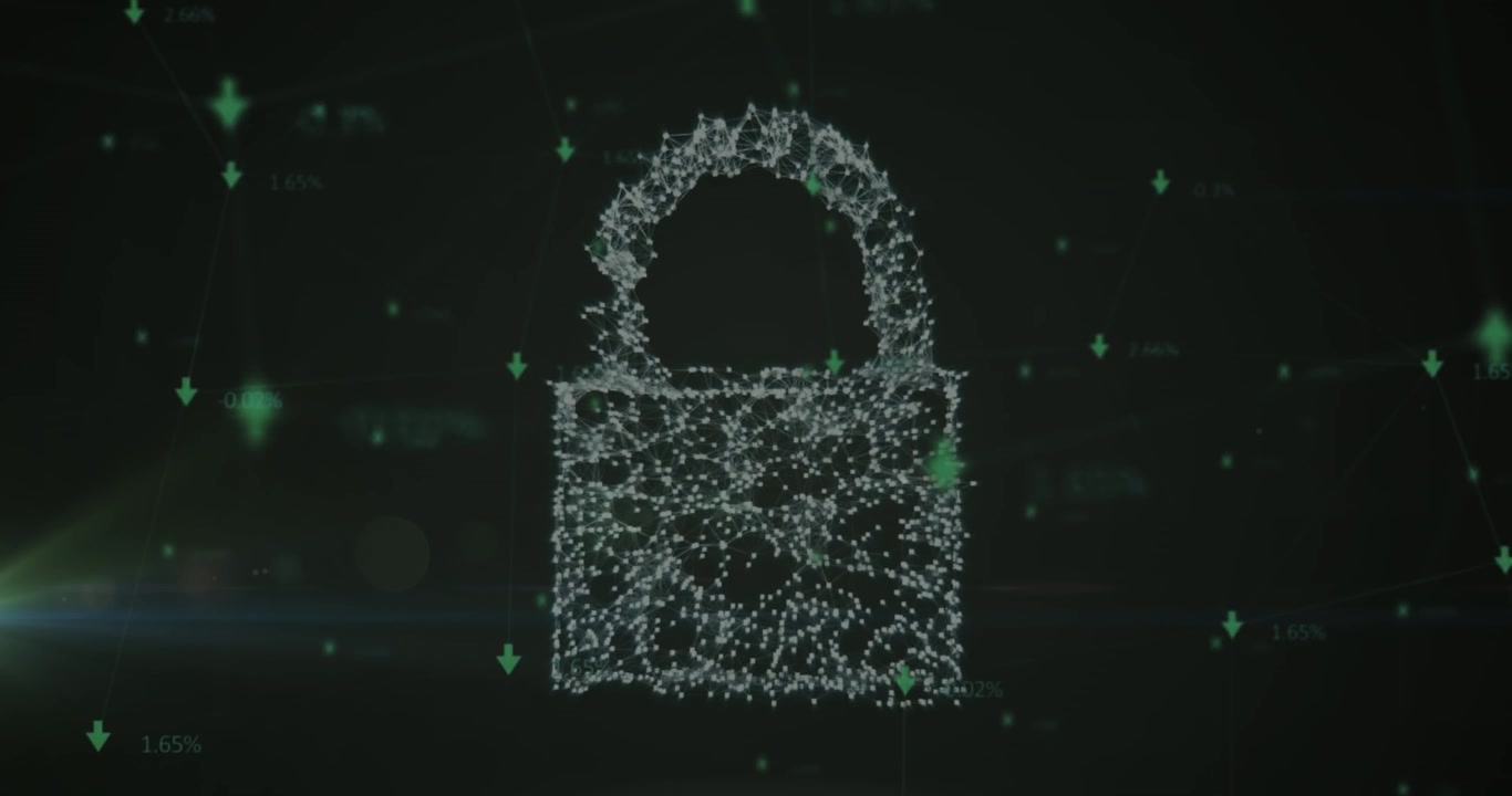 Animación de una red de conexiones y un icono de candado de seguridad sobre un punto de luz en un fondo negro.