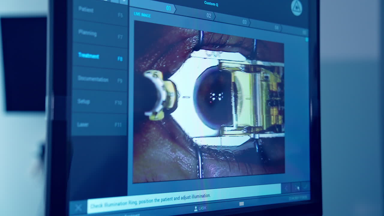 Laser eye treatment on a screen of a monitor. Computer monitor with eye surgery. Ophthalmological procedure of eye correction in clinic. Close-up.