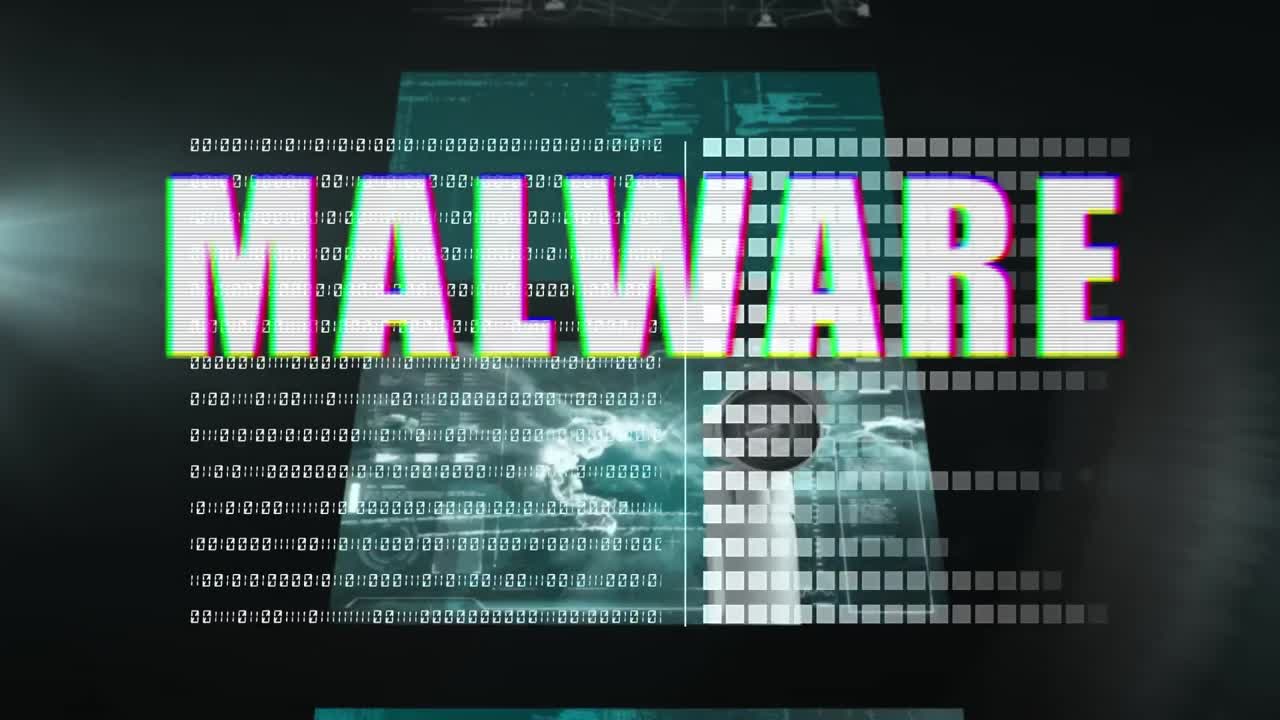 animación de texto blanco, malware, con procesamiento de datos e información a través de interfaces, en negro