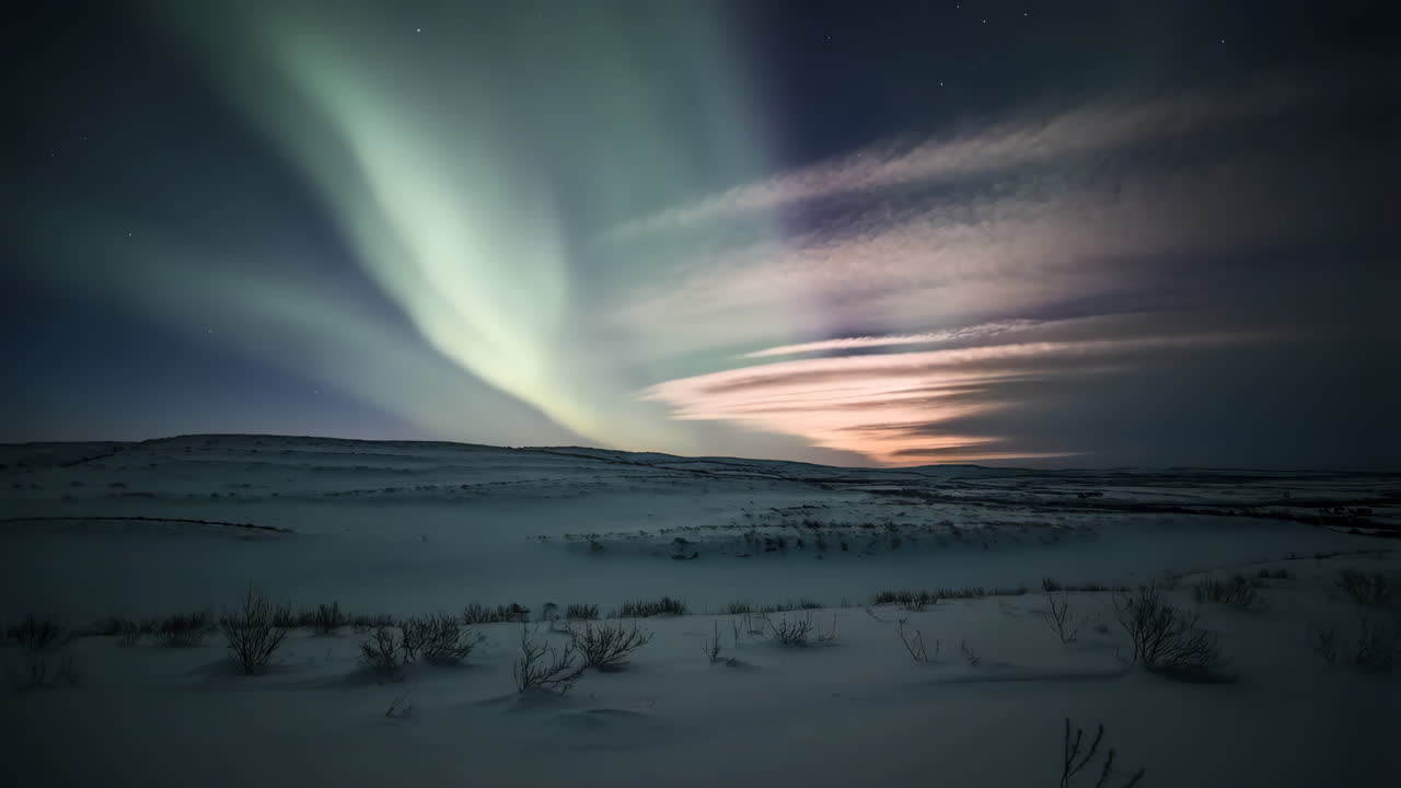 Northern Lights (Aurora Borealis) over a snowy winter landscape at night
