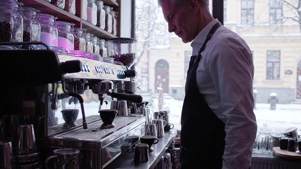 Un barista prepara il caffè in un accogliente caffè con una vista invernale incantata dalla finestra, mostrando la maestria e l'atmosfera di una giornata nevosa.