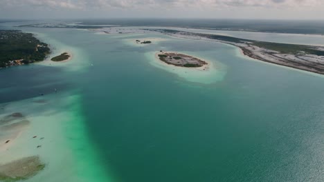 aerial shot of archipelago in riviera maya distinctive bay in bacalar, mexico, america