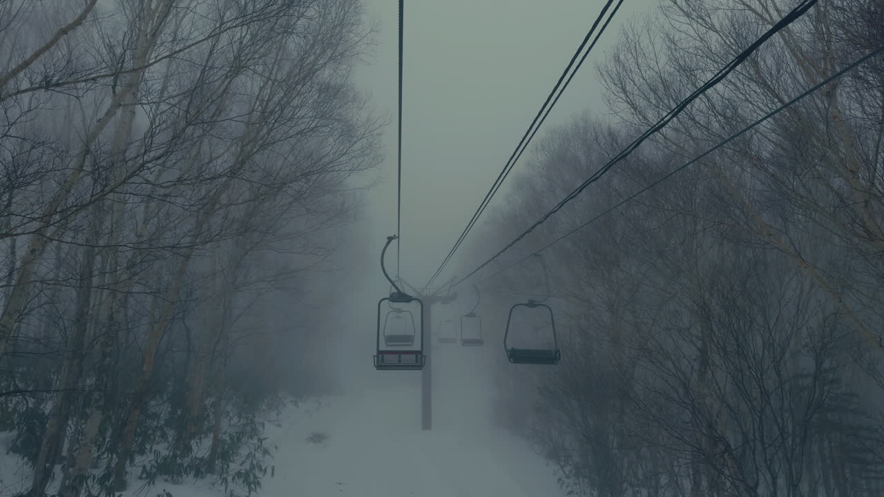 Alpine ski lift operating during snowy season in Nagano