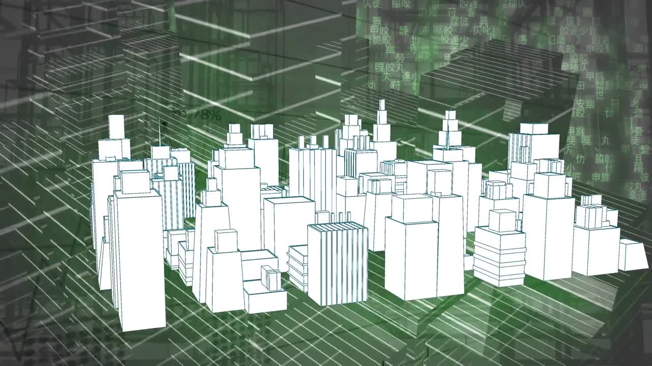 도시 풍경 위에서 회전하는 3d 도시 그림의 애니메이션