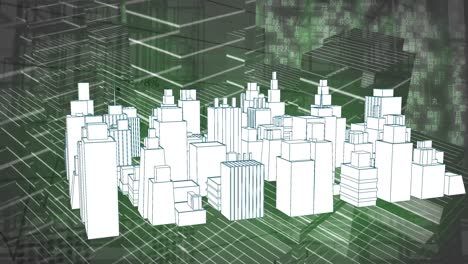 animación de un dibujo de ciudad en 3d que gira sobre el paisaje urbano