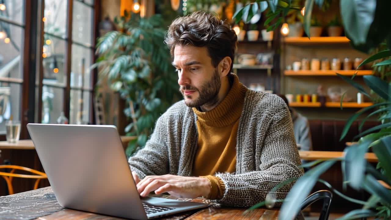Man working on a laptop in a cozy cafe