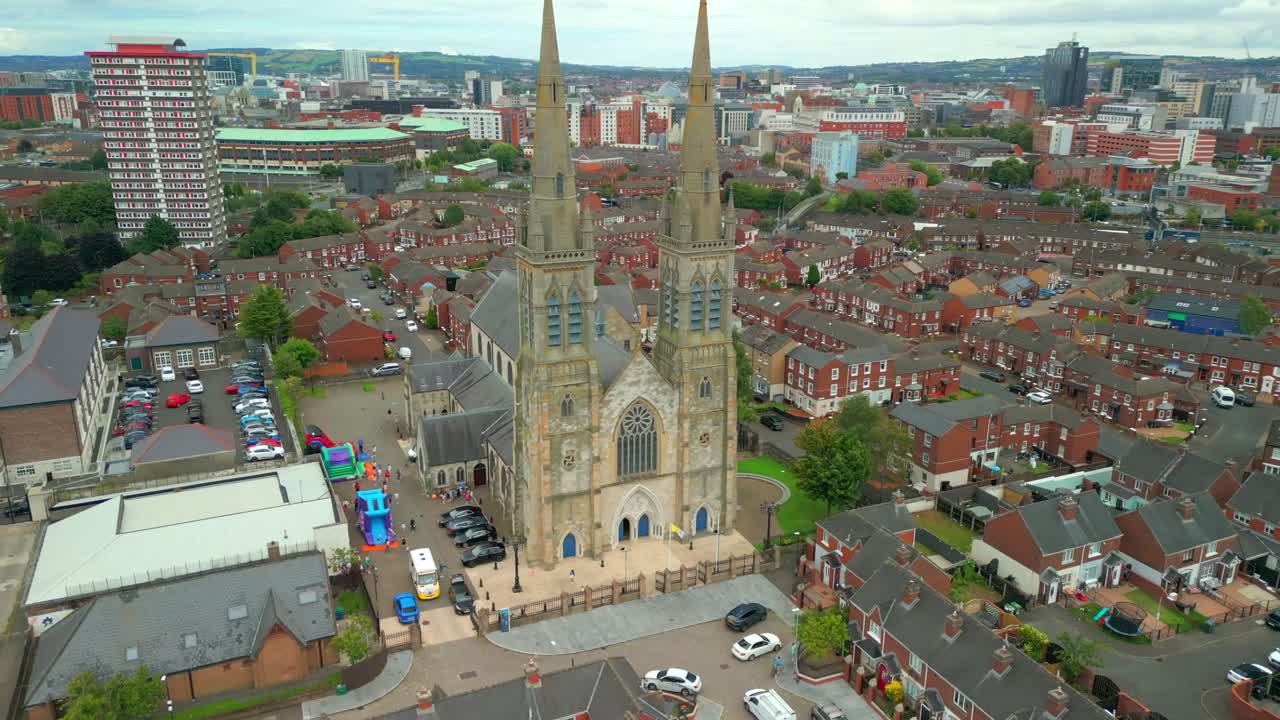4K aerial video of Clonard Monastery in West Belfast, Northern Ireland, UK on a bright and sunny day. Produced in 4K, 30FPS and with Rec709 color