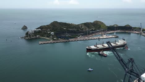 aerial view of commercial port of santa marta caribbean sea ocean in colombia with cargo boat