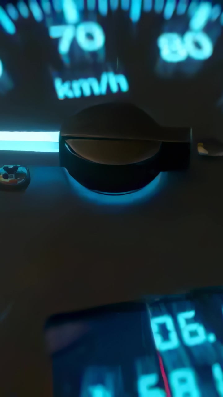Vertical video: Showing lit needle pivot rotating in dash closeup, camera pan, indicating km or h
