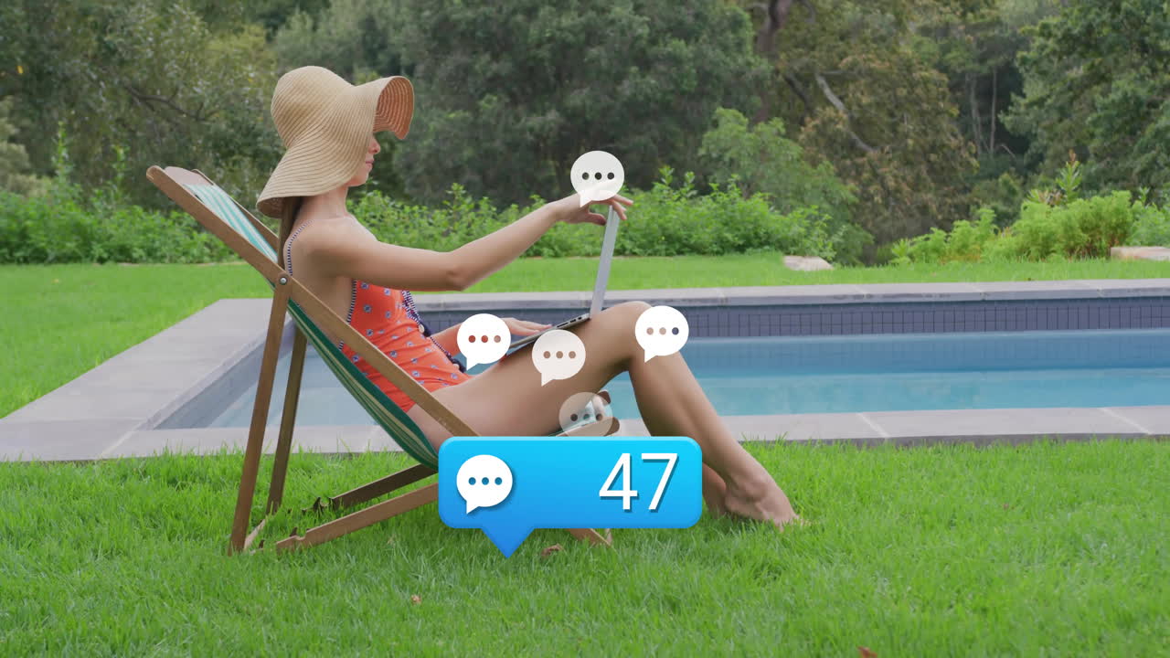 Woman using laptop in backyard, highlighting marketing with floating chat-notification overlays