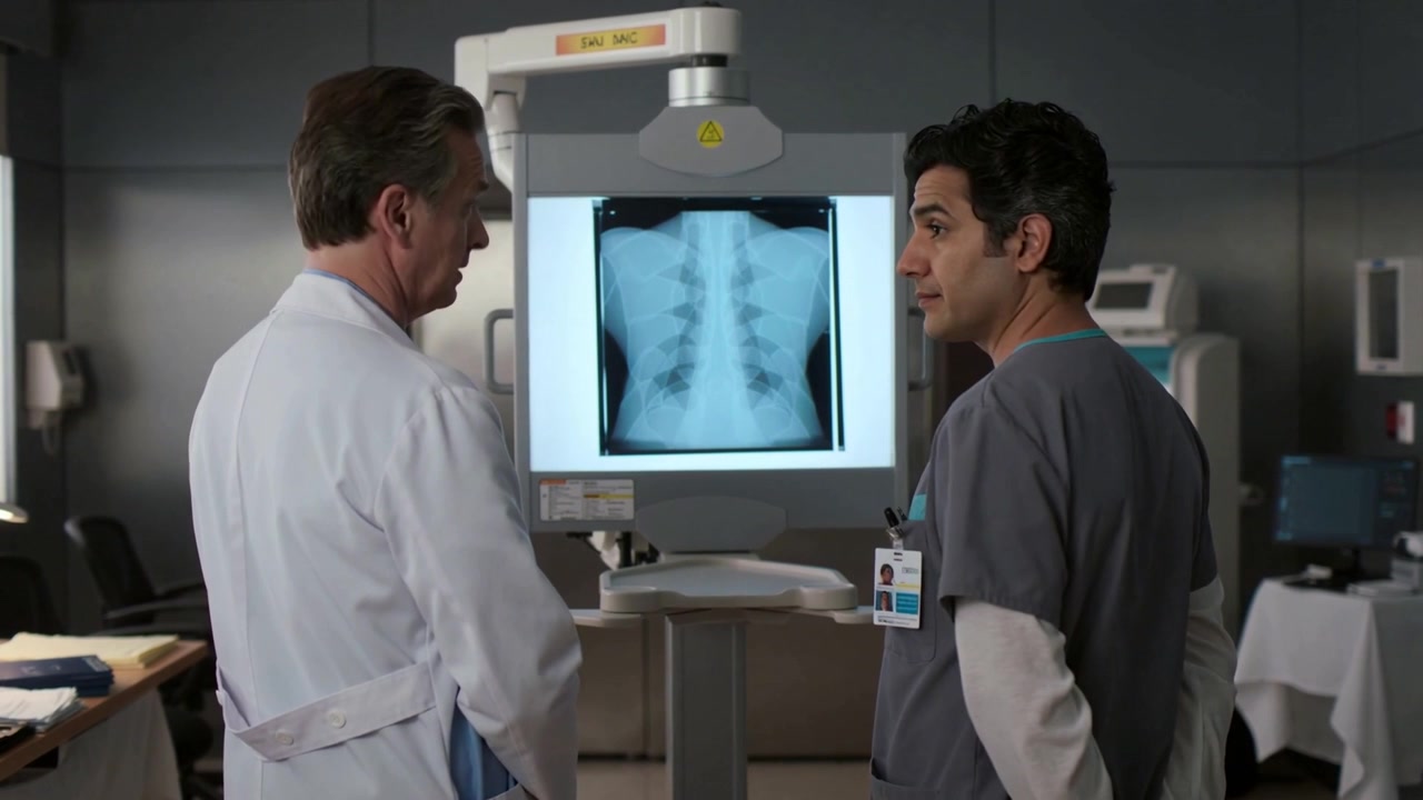 Reading lit X-ray, two ID-badged doctors in lab coat, gray scrubs discussing diagnosis in radiology