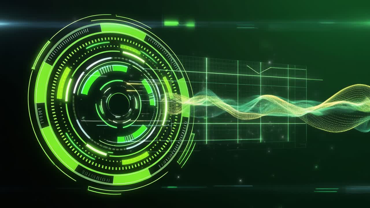 Animated Digital Interface with Green HUD and Data Waveform