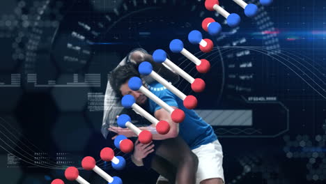 animación del procesamiento de datos y cadena de adn sobre jugadores de rugby