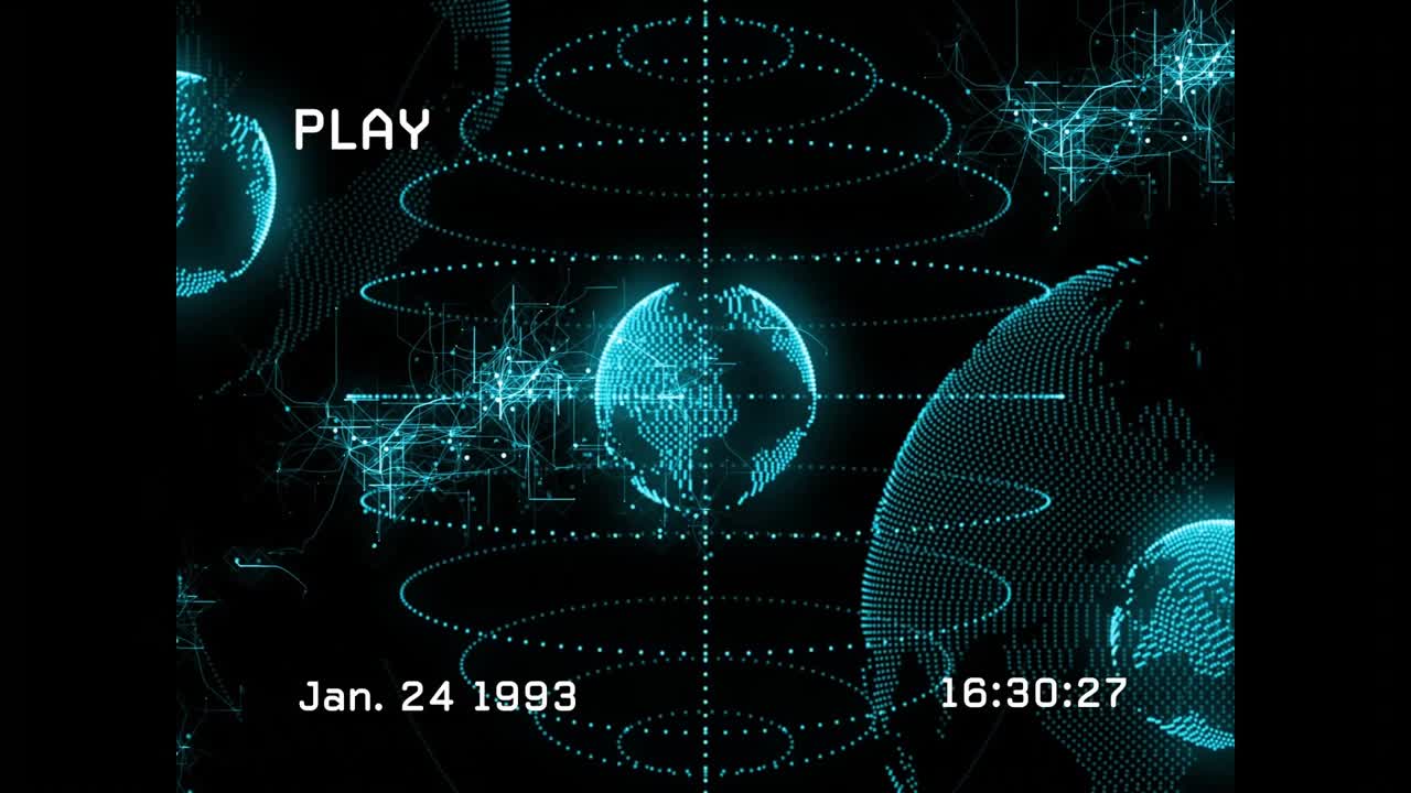 Neon blue dotted globes floating in dark interface, showing PLAY icon, timestamp and network lines