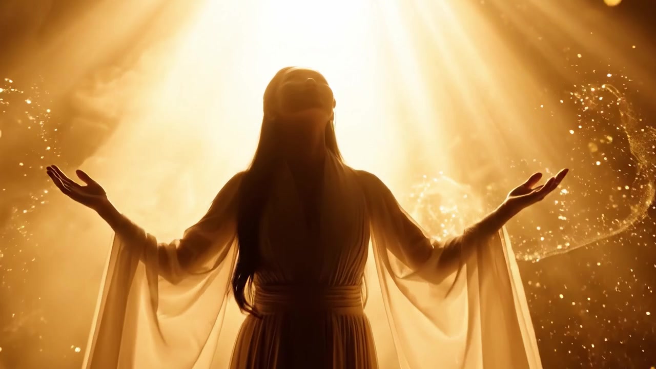Une silhouette envoûtante émerge d'une lueur dorée, entourée d'une lumière éthérée et de particules enchantées, créant une atmosphère onirique et mystique