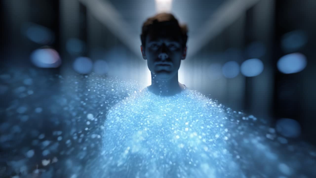 A captivating exploration of a mysterious figure enveloped in a mesmerizing cloud of glowing particles, illustrating the essence of light and shadow interplay